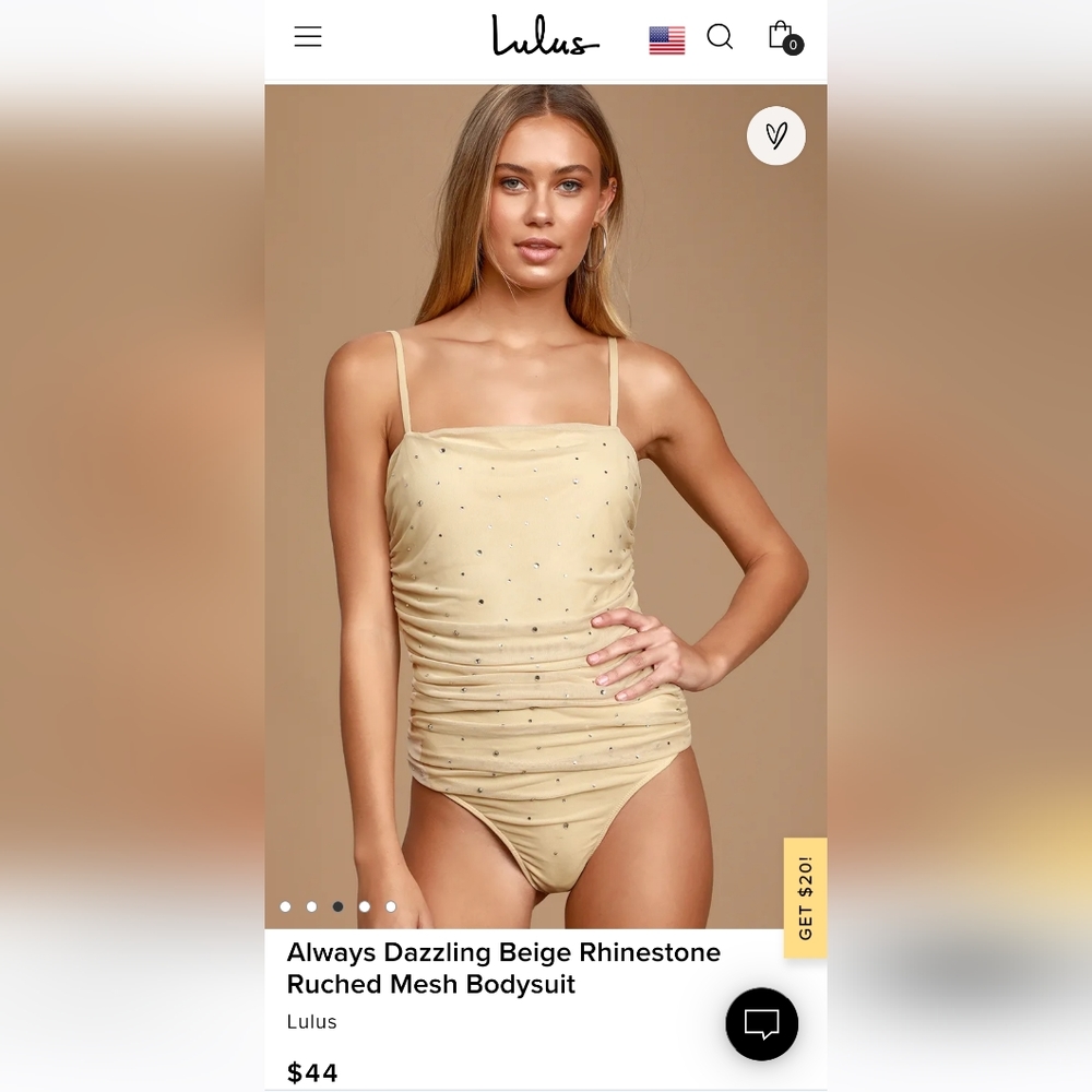 Lulu's - Always Dazzling Beige Rhinestone Ruched Mesh Bodysuit